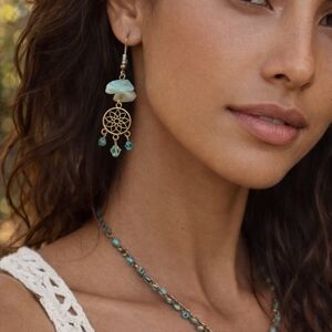 Handmade Boho Dangle Earrings Turquoise Amazonite Chips and Amber Glass Crystals